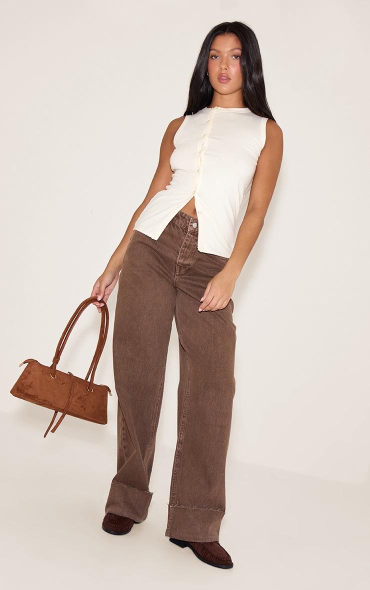 Pretty Little Thing Almond Cotton Asymmetric Button Down Top