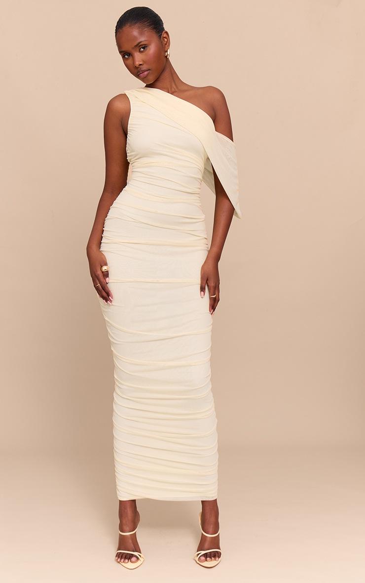 Pretty Little Thing Almond Mesh Overlay One Shoulder Ruched Maxi Dress