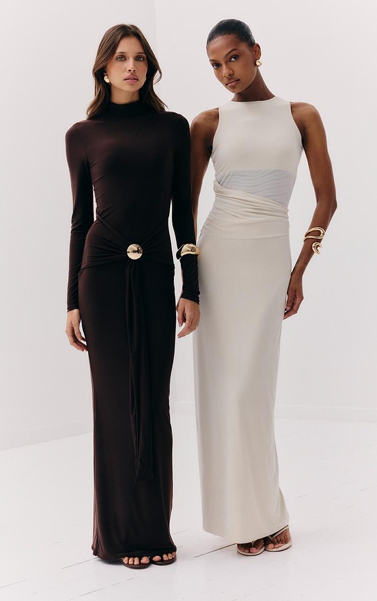 Pretty Little Thing Almond Slinky Mesh Cut Out Maxi Dress