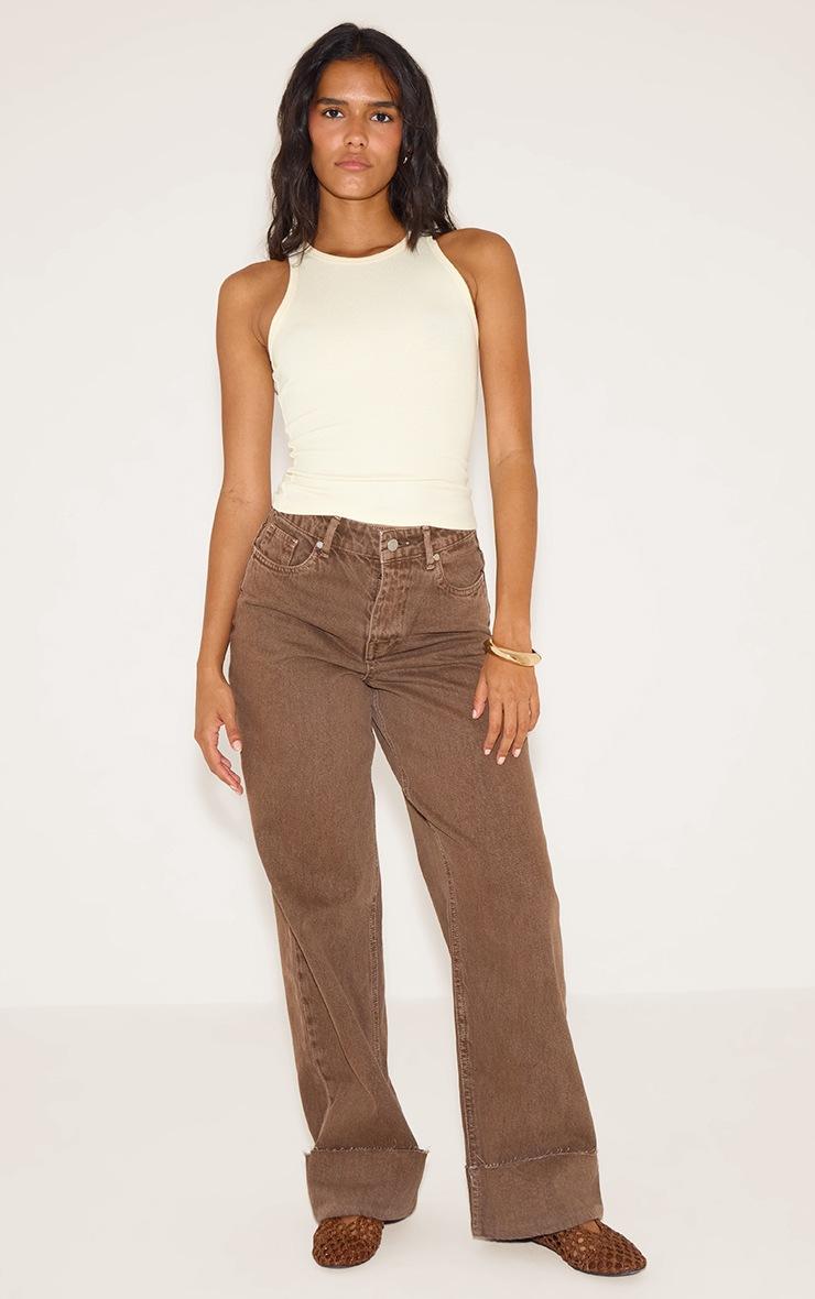 Pretty Little Thing Almond Soft Rib Racer Neck Vest Top