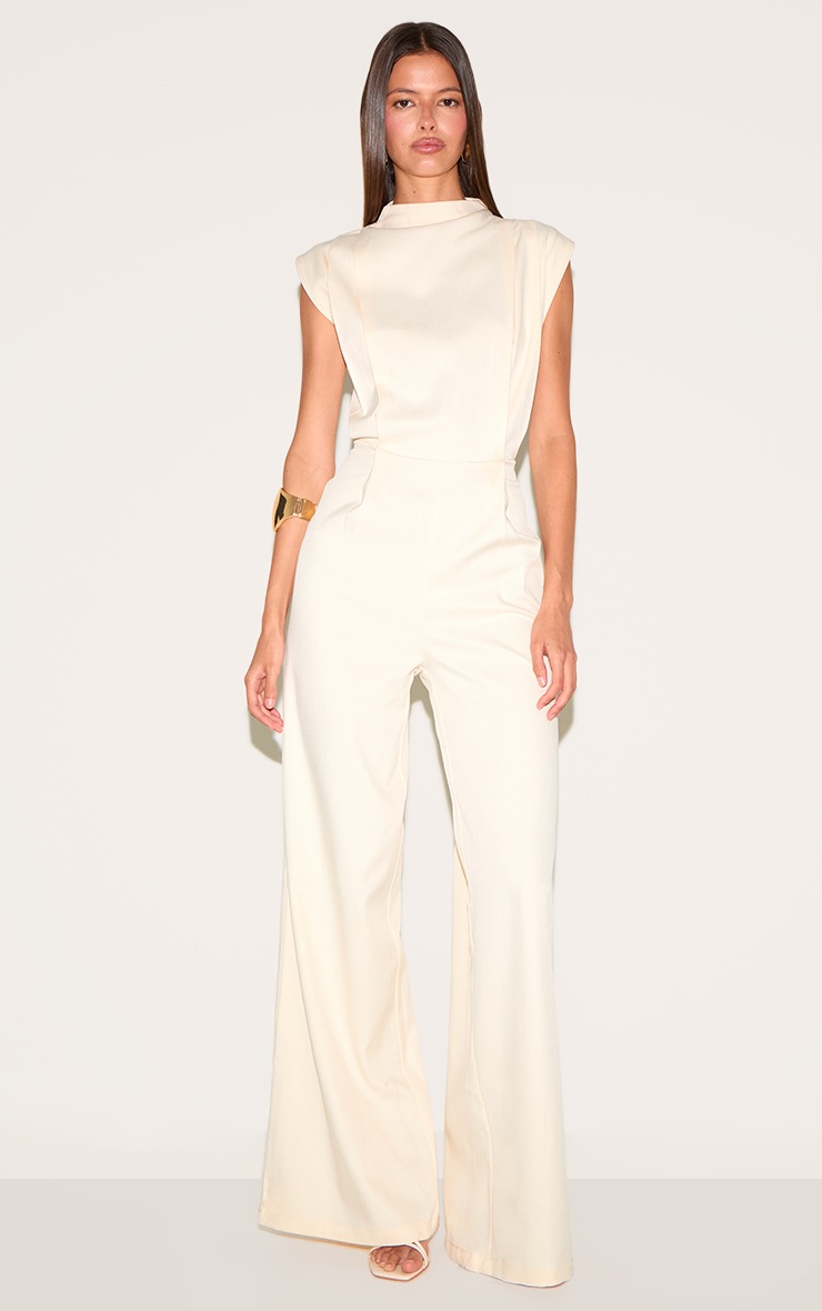 Pretty Little Thing Almond Woven Cap Sleeve Wide Leg Jumpsuit