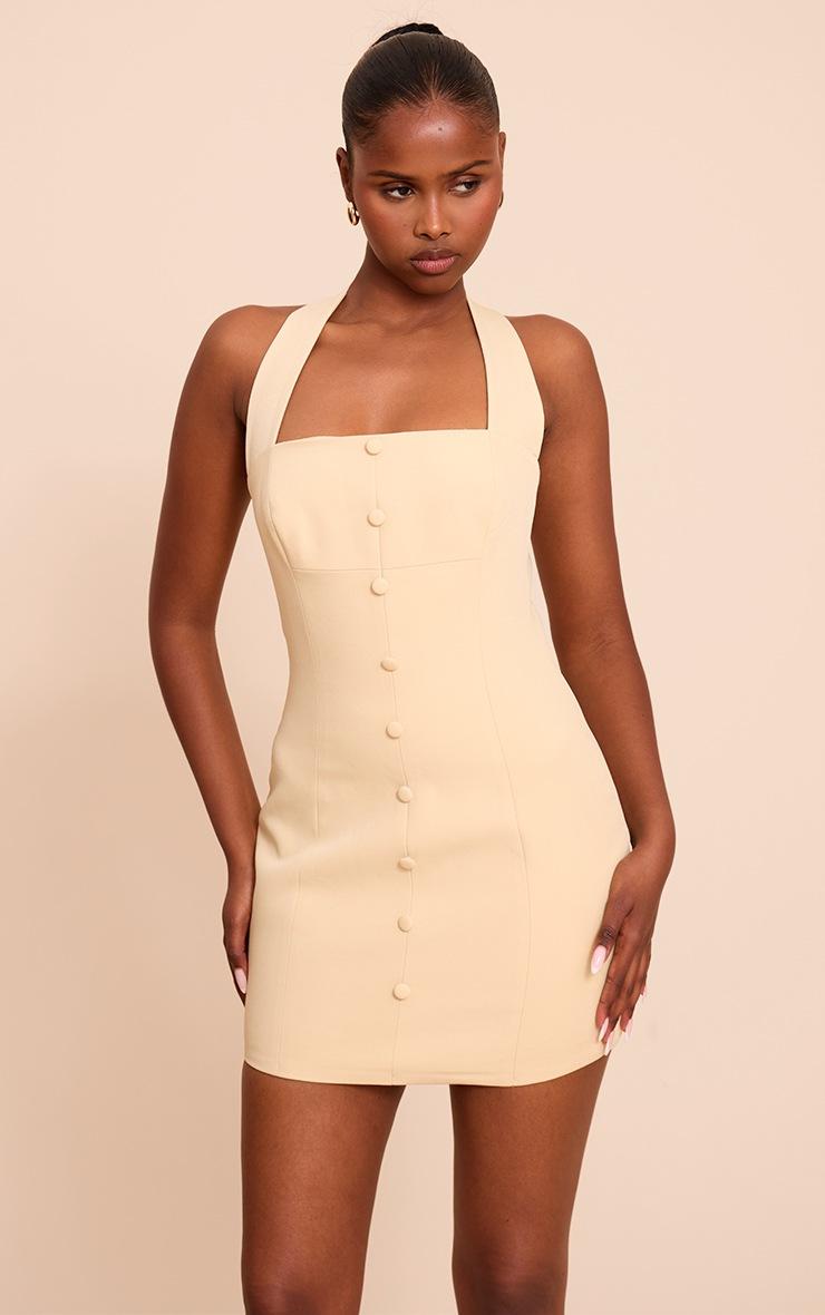 Pretty Little Thing Almond Woven Halter Neck Button Detail Mini Dress