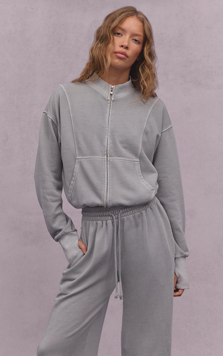 Pretty Little Thing Ash Grey Acid Wash Funnel Neck Zip Sweatshirt