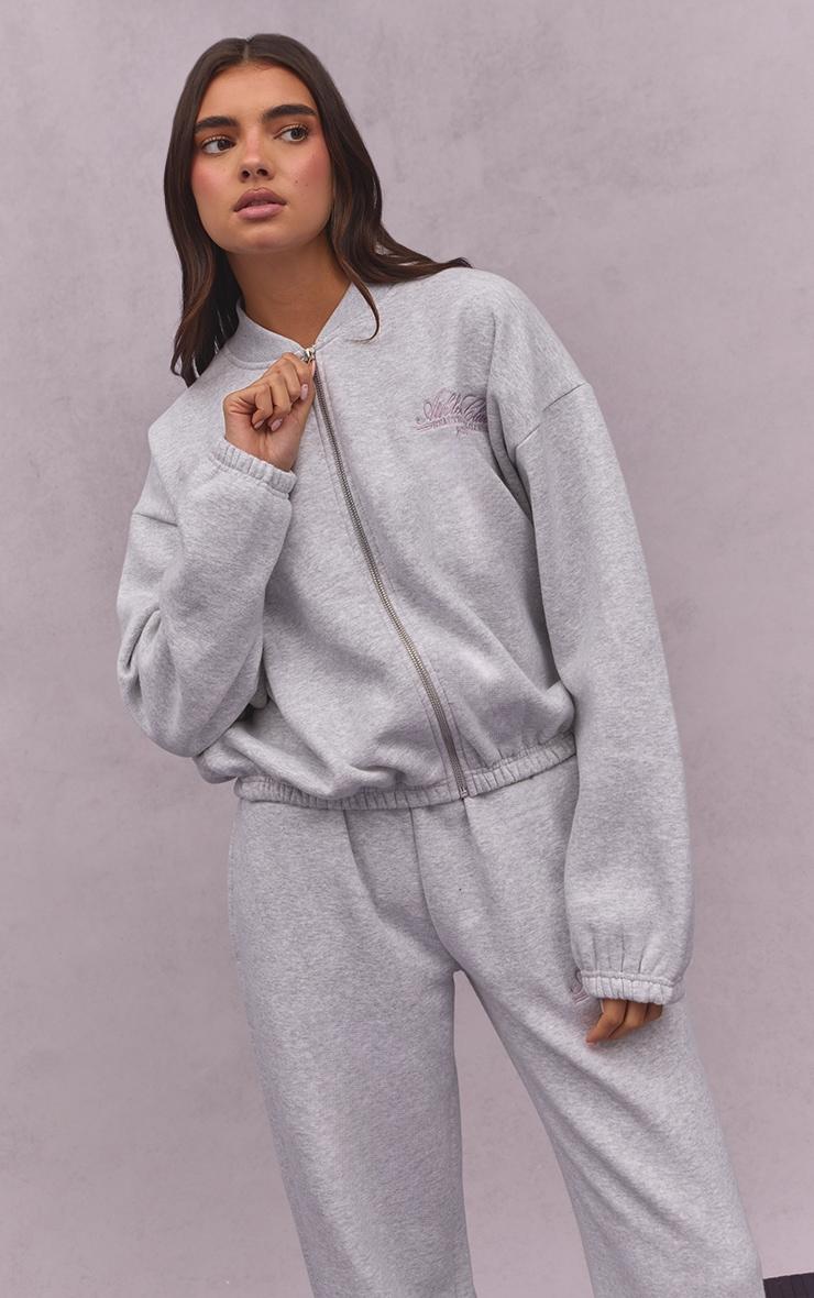 Pretty Little Thing Ash Grey Athletics Club Cotton Fleece Bomber Jacket