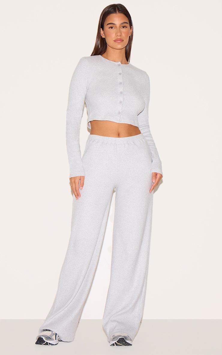Pretty Little Thing Ash Grey Brushed Rib Wide Leg Pant