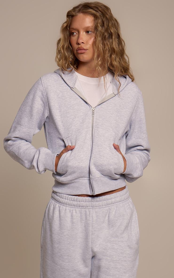 Pretty Little Thing Ash Grey Cotton Fleece Crop Zip Hoodie