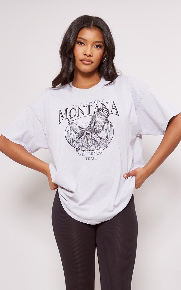 Pretty Little Thing Ash Grey Montana Logo Oversized Washed T Shirt