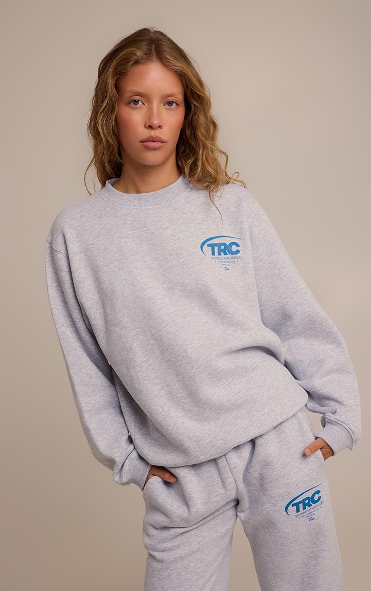 Pretty Little Thing Ash Grey Run Club Cotton Fleece Oversized Crew Sweatshirt