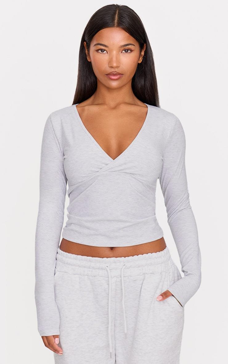 Pretty Little Thing Ash Grey Sculpt Crossover Long Sleeve Top