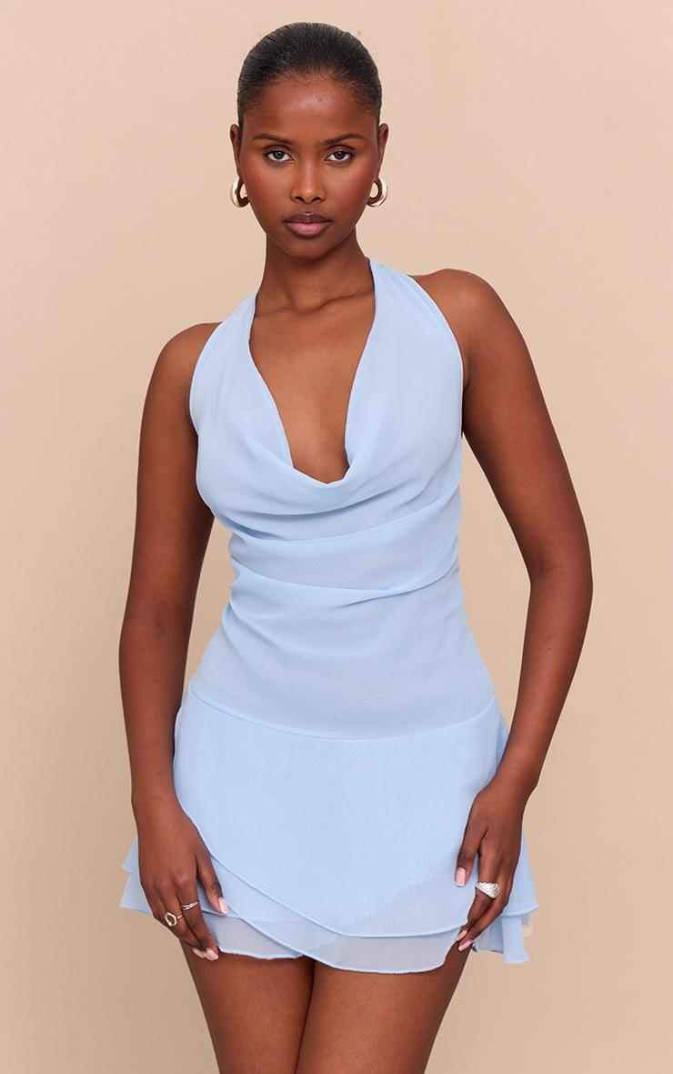 Pretty Little Thing Baby Blue Chiffon Cowl Neck Ruched Mini Dress