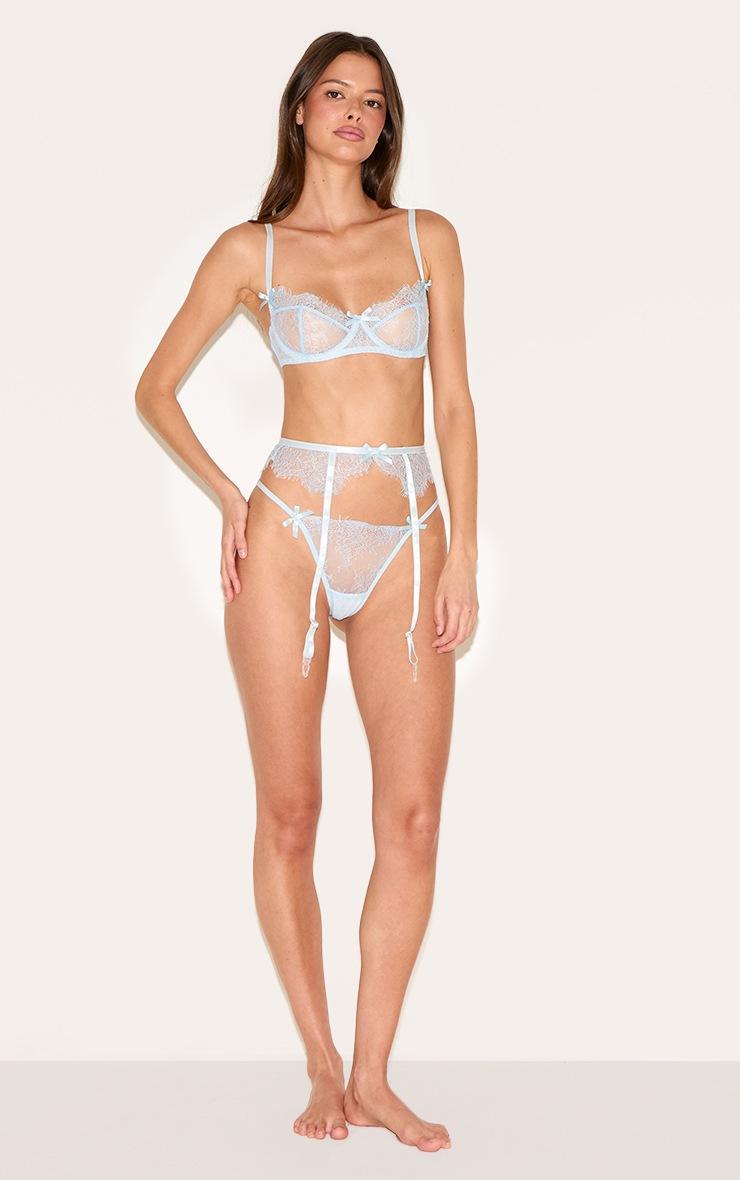 Pretty Little Thing Baby Blue Eyelash Lace 3 Piece Lingerie Set
