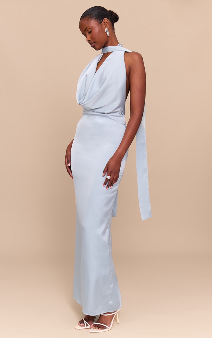 Pretty Little Thing Baby Blue Satin Cowl Neck Drape Maxi Dress