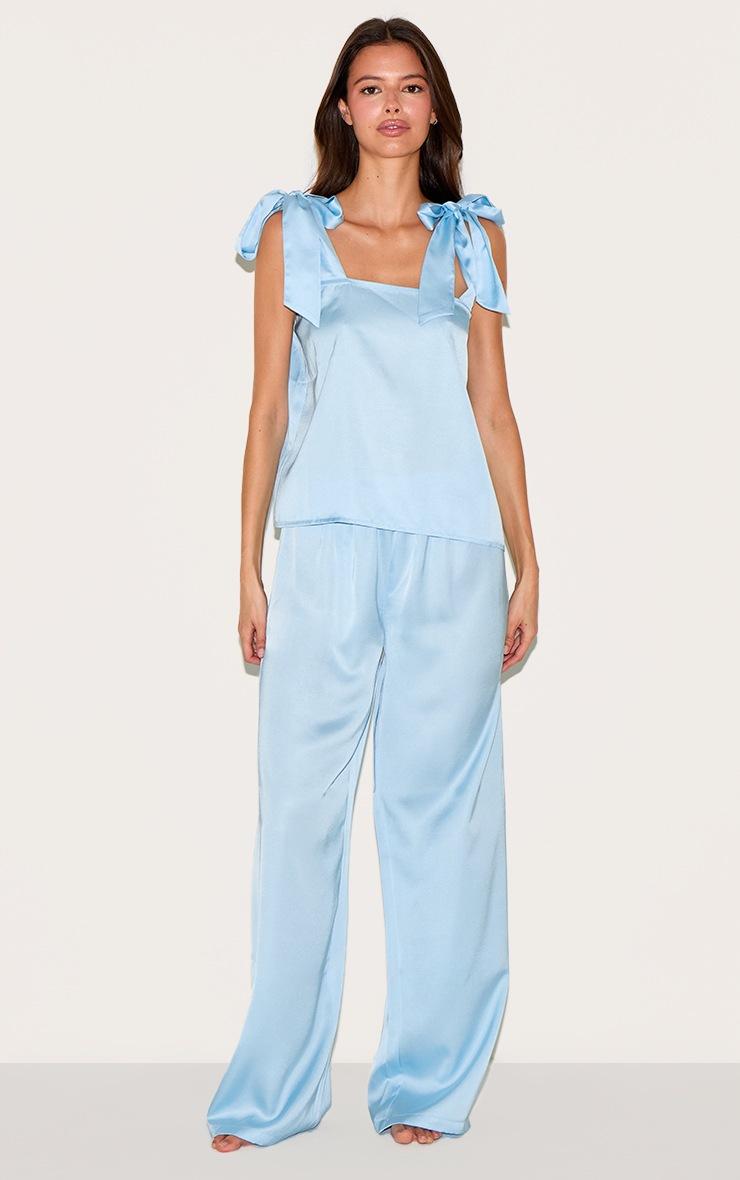 Pretty Little Thing Baby Blue Satin Ribbon Tie Cami Long Pj Set
