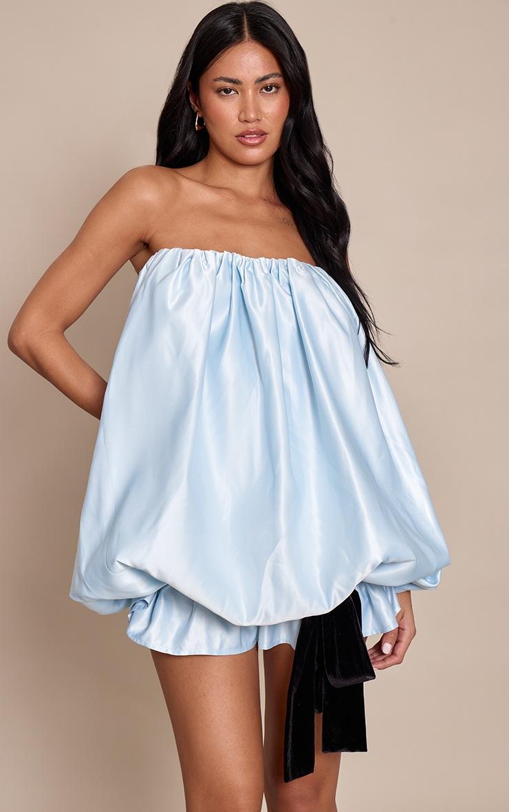 Pretty Little Thing Baby Blue Velvet Bow Detail Puffball Dress