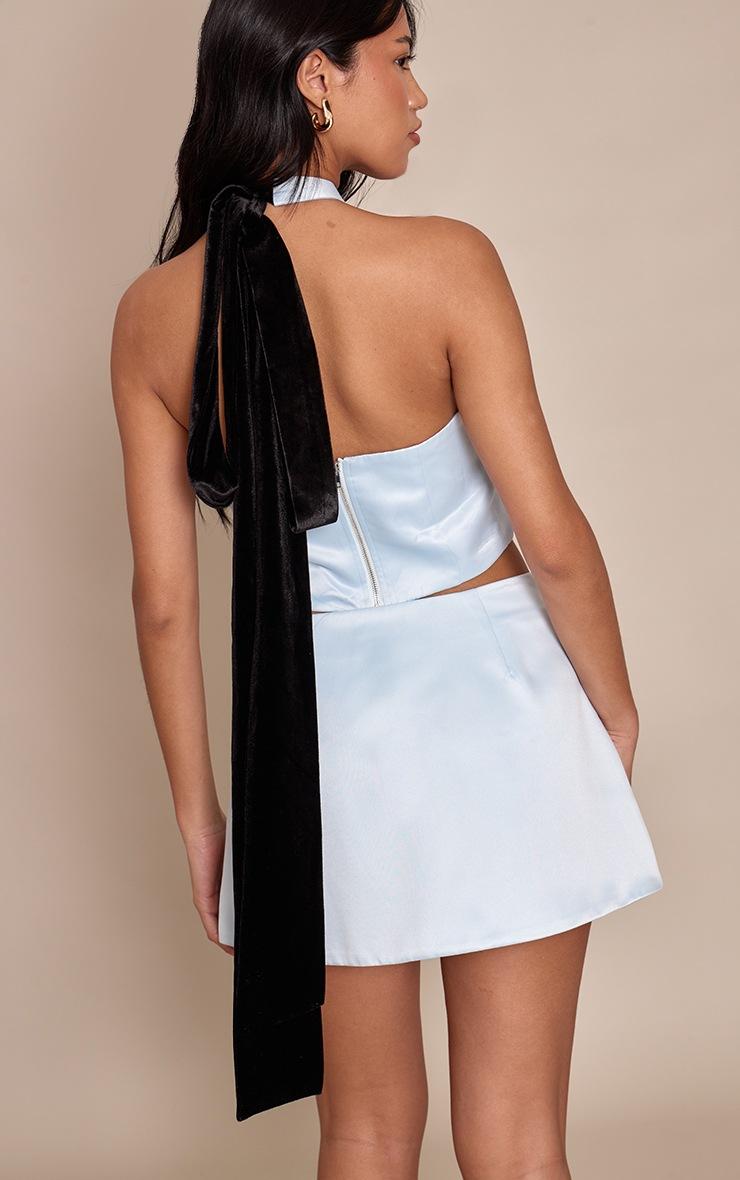 Pretty Little Thing Baby Blue Velvet Bow Halterneck Top