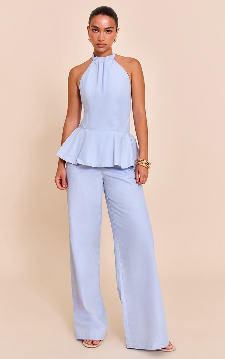 Pretty Little Thing Baby Blue Woven Peplum Hem Jumpsuit