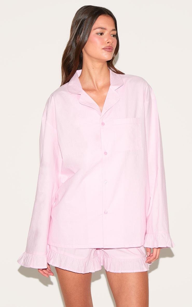 Pretty Little Thing Baby Pink Cotton Poplin Frill Hem Short Pj Set