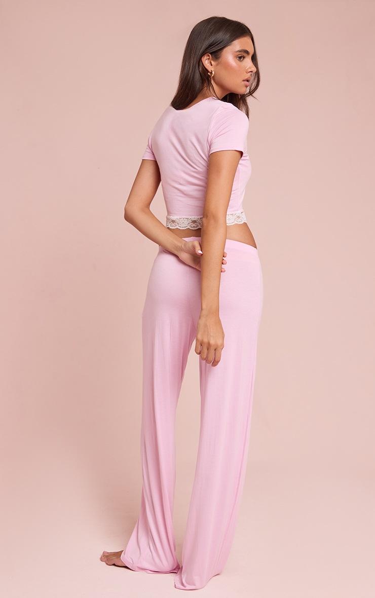 Pretty Little Thing Baby Pink Jersey Lace Trim Long PJ Set