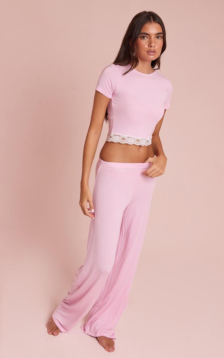 Pretty Little Thing Baby Pink Jersey Lace Trim Long PJ Set