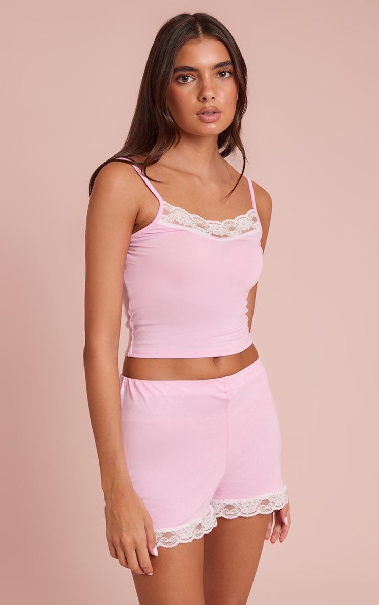Pretty Little Thing Baby Pink Lace Trim Short Pj Set