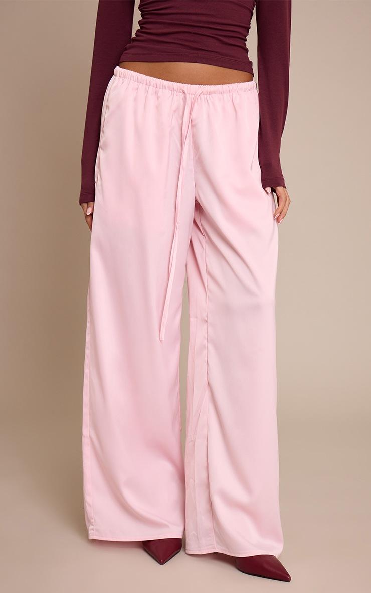Pretty Little Thing Baby Pink Satin Low Rise Wide Leg Tie Waist Pants