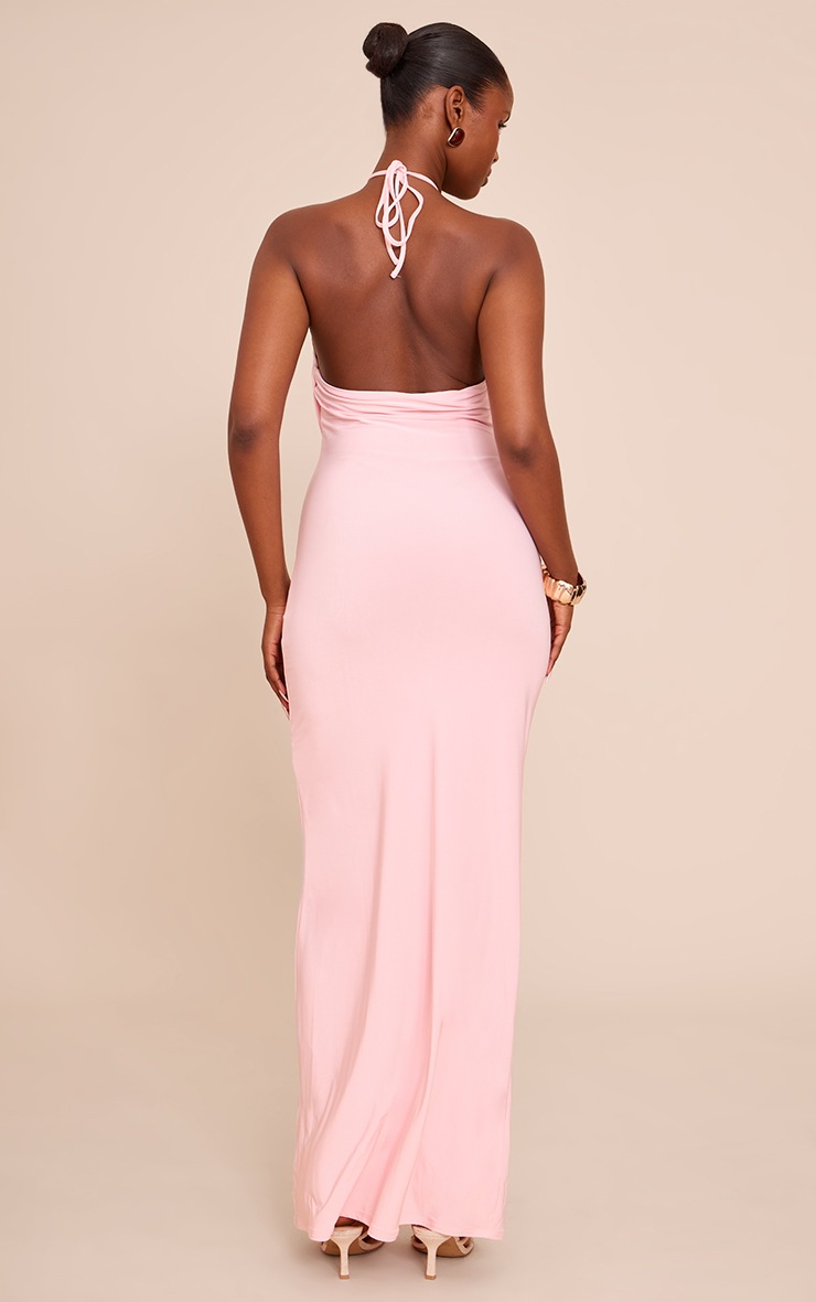 Pretty Little Thing Baby Pink Slinky Halterneck Draped Detail Maxi Dress