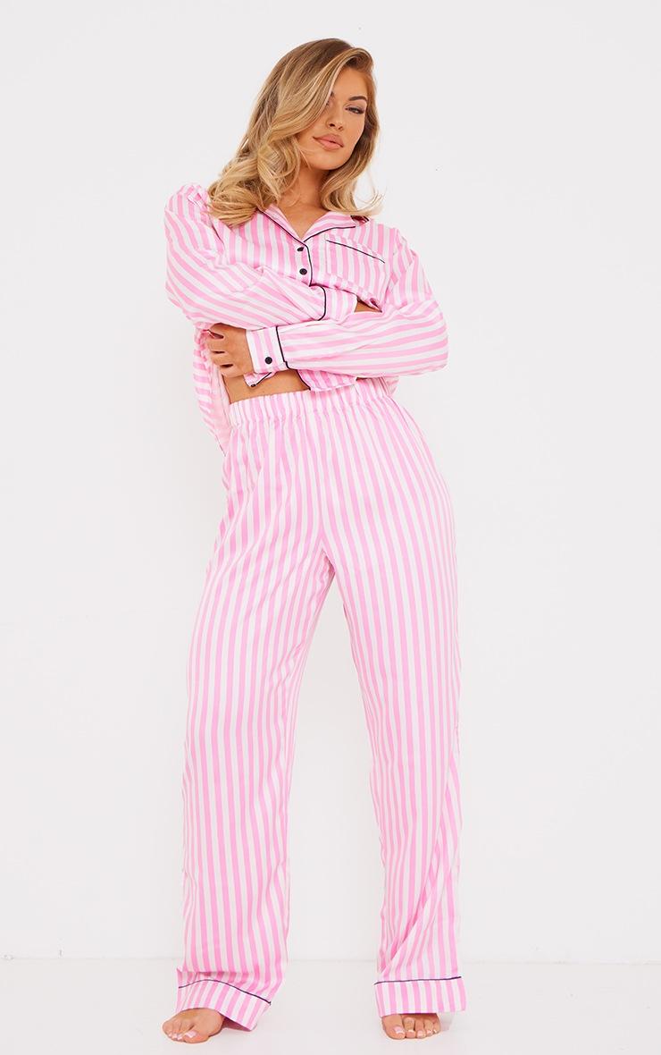 Pretty Little Thing Baby Pink Stripe Print Contrast Piping Satin Long PJ Set
