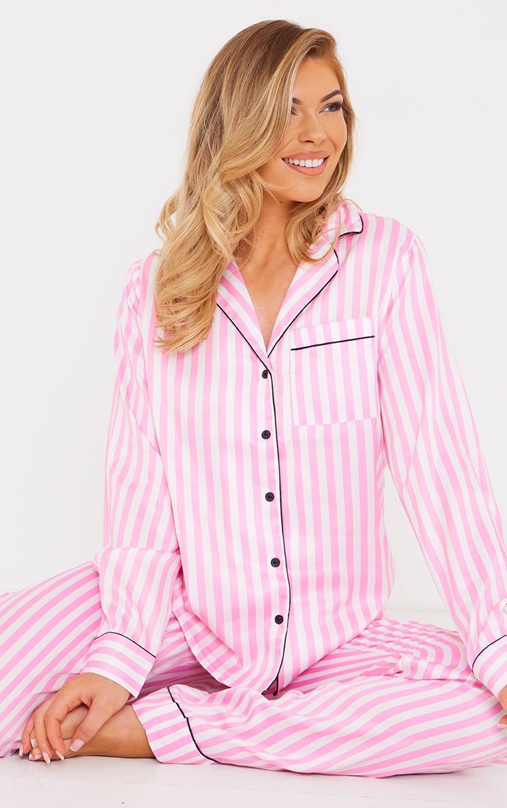 Pretty Little Thing Baby Pink Stripe Print Contrast Piping Satin Long PJ Set