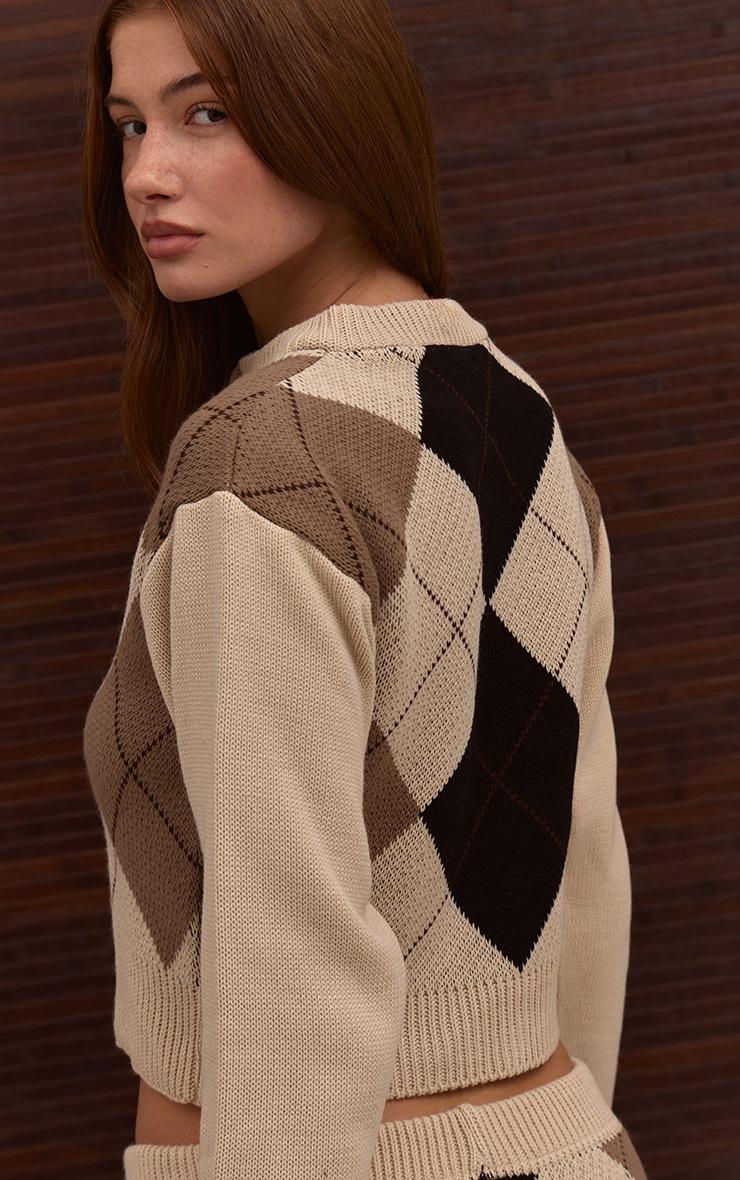 Pretty Little Thing Beige Argyle Cropped Knitted Cardigan