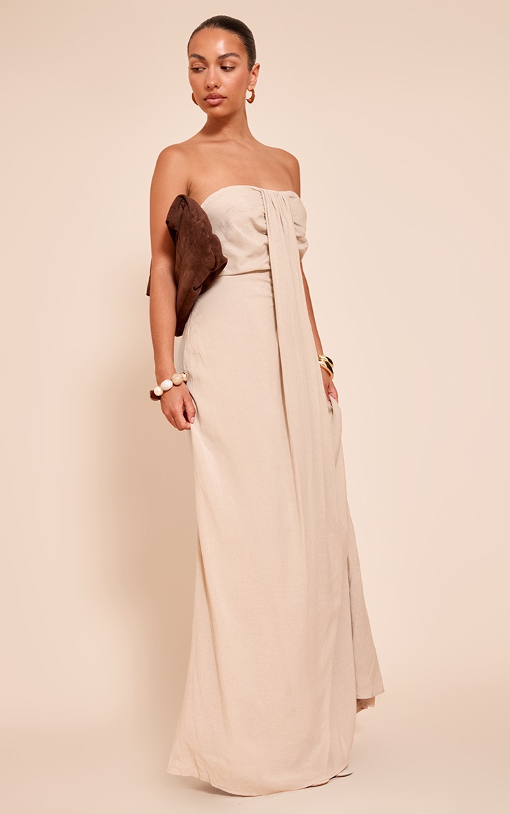 Pretty Little Thing Beige Bandeau Drape Detail Maxi Collum Dress