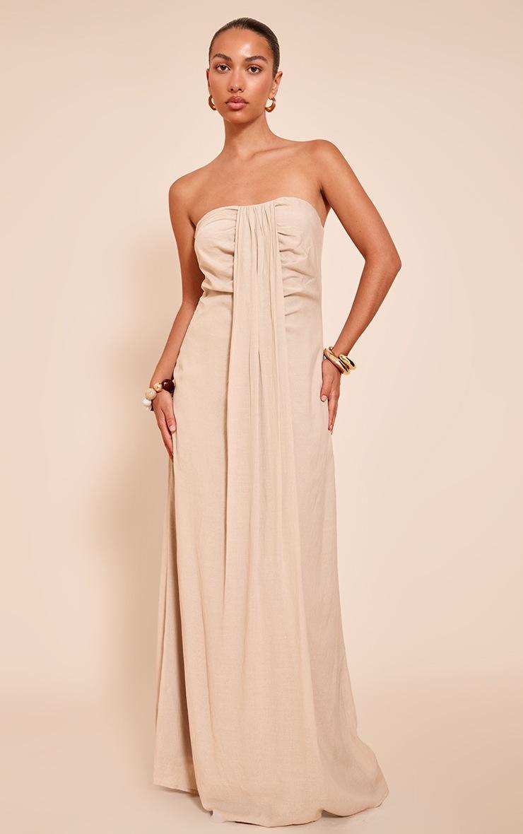 Pretty Little Thing Beige Bandeau Drape Detail Maxi Collum Dress