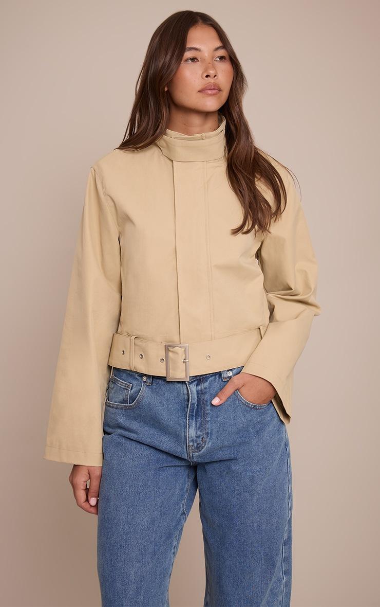 Pretty Little Thing Beige Cropped Belted Biker Jacket