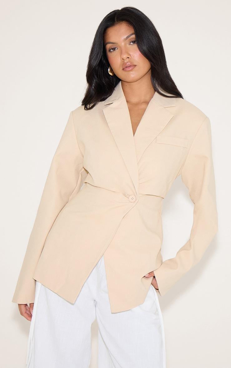 Pretty Little Thing Beige Linen Look Tailored Cinched Waist Blazer