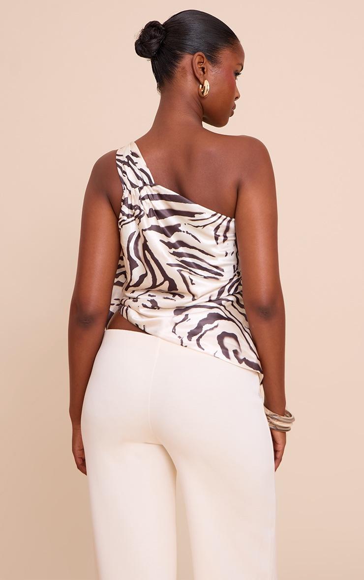 Pretty Little Thing Beige Printed Satin Drape Trim Detail Top
