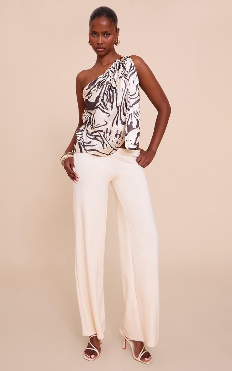 Pretty Little Thing Beige Printed Satin Drape Trim Detail Top