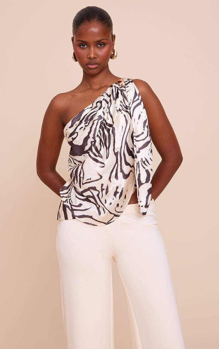 Pretty Little Thing Beige Printed Satin Drape Trim Detail Top
