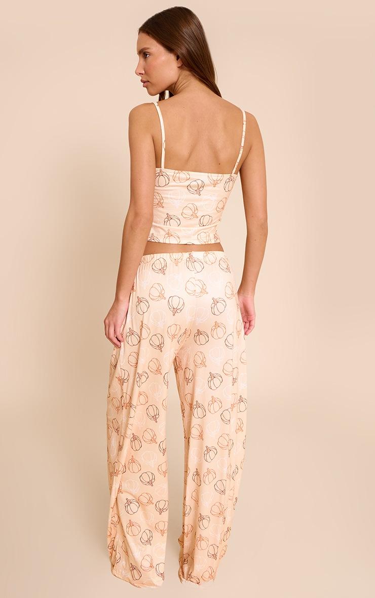 Pretty Little Thing Beige Pumpkin Printed Cami And Wide Leg Pant PJ Set