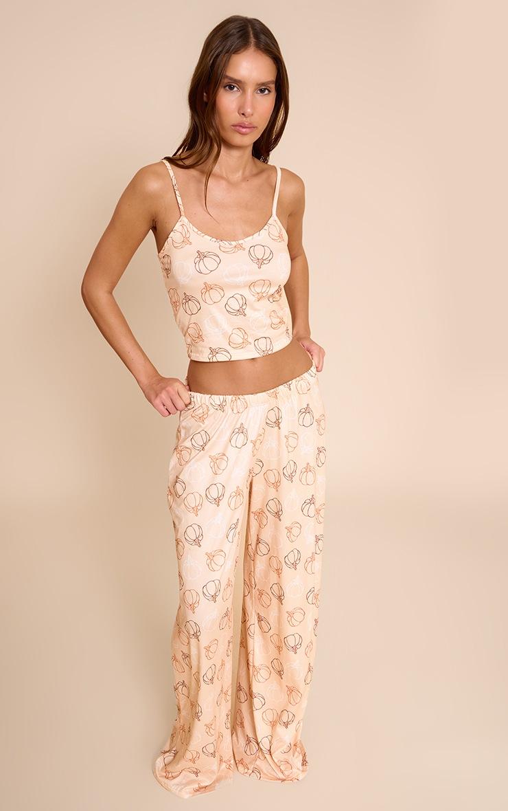 Pretty Little Thing Beige Pumpkin Printed Cami and Wide Leg Pant PJ Set