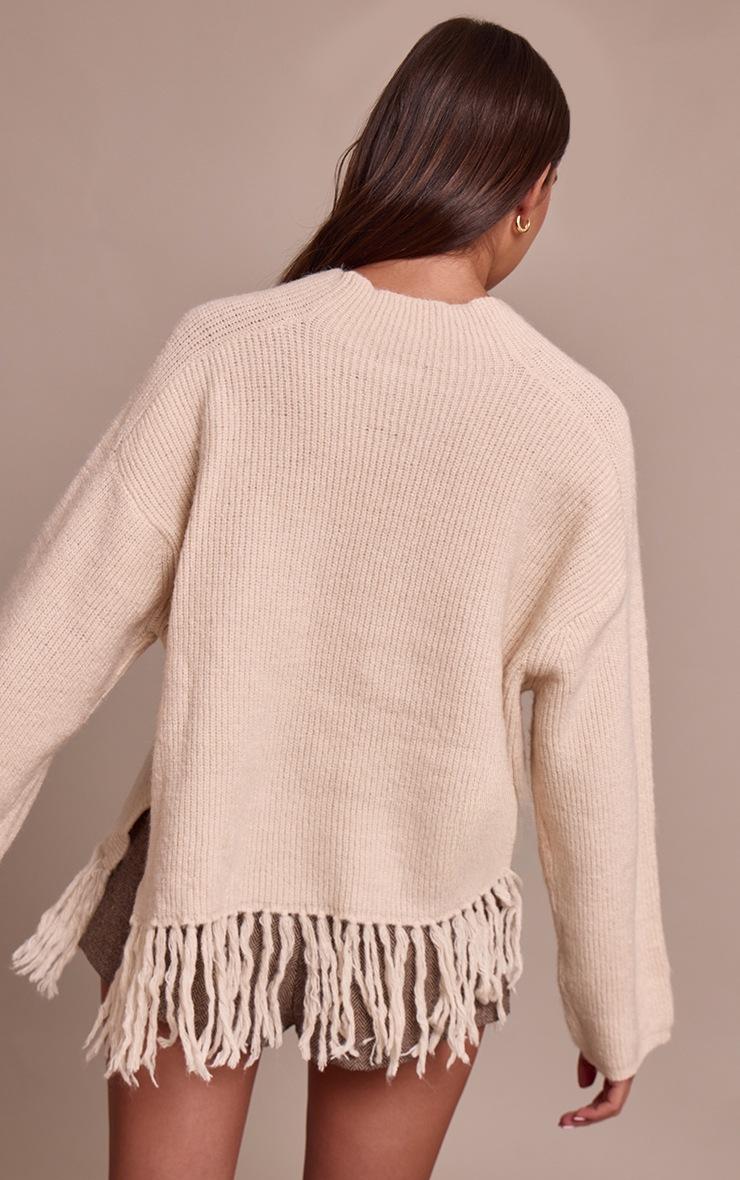 Pretty Little Thing Beige Round Neck Fringe Hem Oversized Sweater