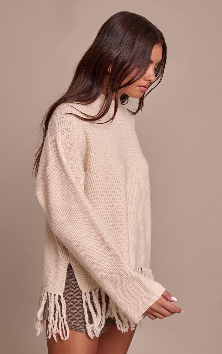 Pretty Little Thing Beige Round Neck Fringe Hem Oversized Sweater