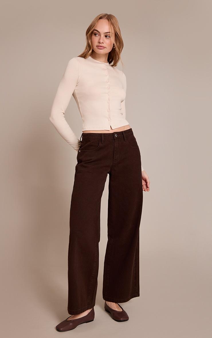 Pretty Little Thing Beige Soft Rib Button Down Long Sleeve Top