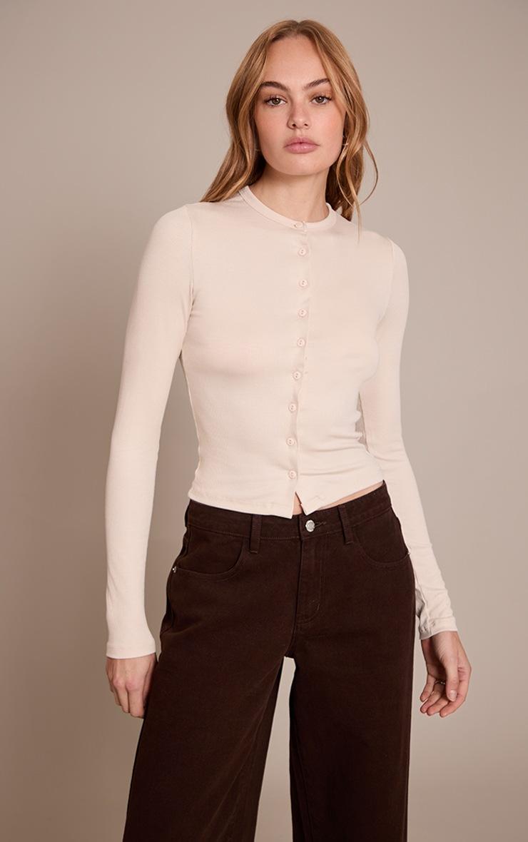 Pretty Little Thing Beige Soft Rib Button Down Long Sleeve Top