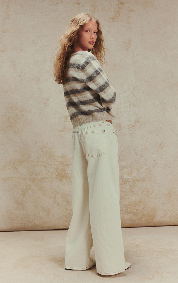 Pretty Little Thing Beige Striped Brushed V Neck Covered Button Knitted Cardigan