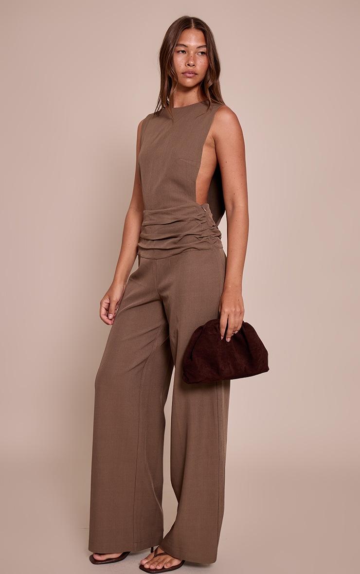 Pretty Little Thing Beige Woven Crew Neck Ruched Wide Leg Jumpsuit