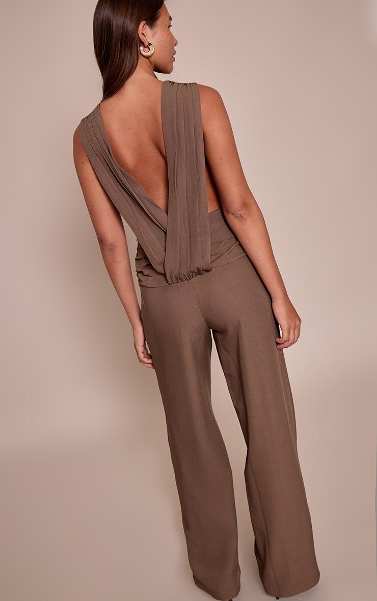 Pretty Little Thing Beige Woven Crew Neck Ruched Wide Leg Jumpsuit