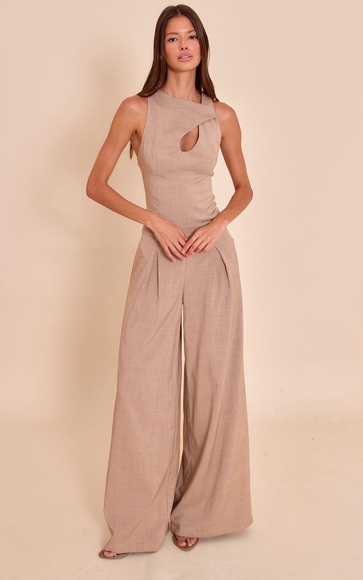 Pretty Little Thing Beige Woven Key Hole Wide Leg Jumpsuit