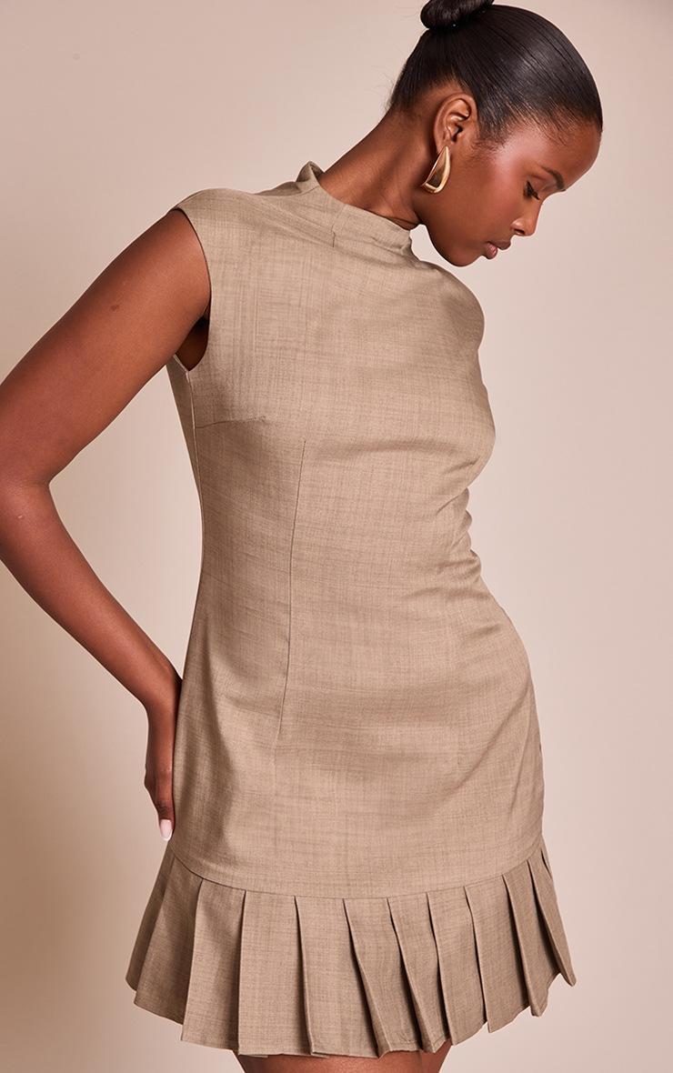 Pretty Little Thing Beige Woven Pleated Hem Cap Sleeve Mini Dress