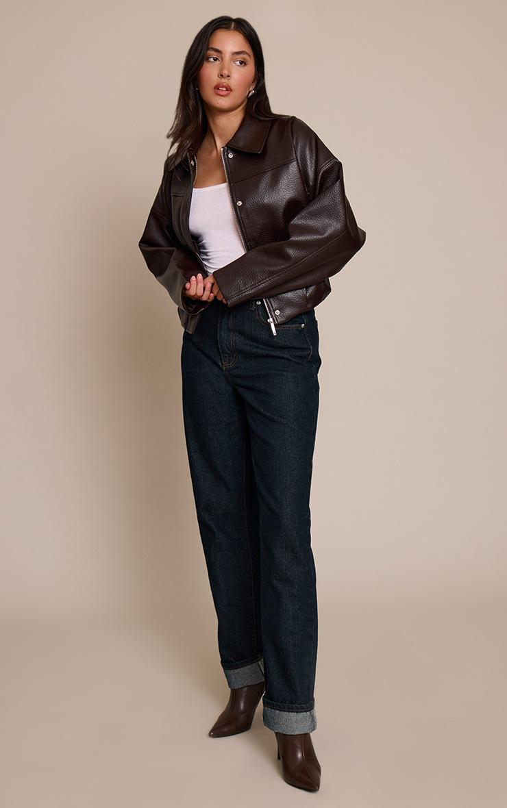 Pretty Little Thing Bitter Chocolate Faux Leather Covered Placket Bomber Jacket