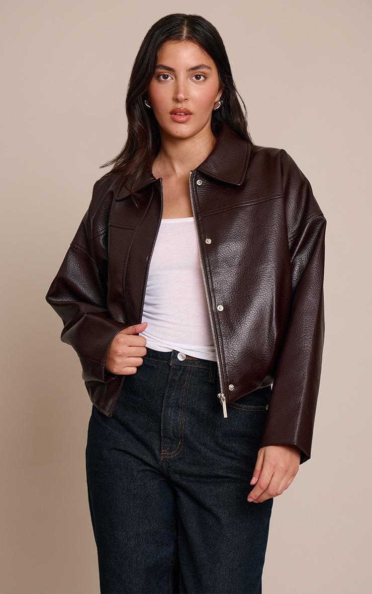 Pretty Little Thing Bitter Chocolate Faux Leather Covered Placket Bomber Jacket