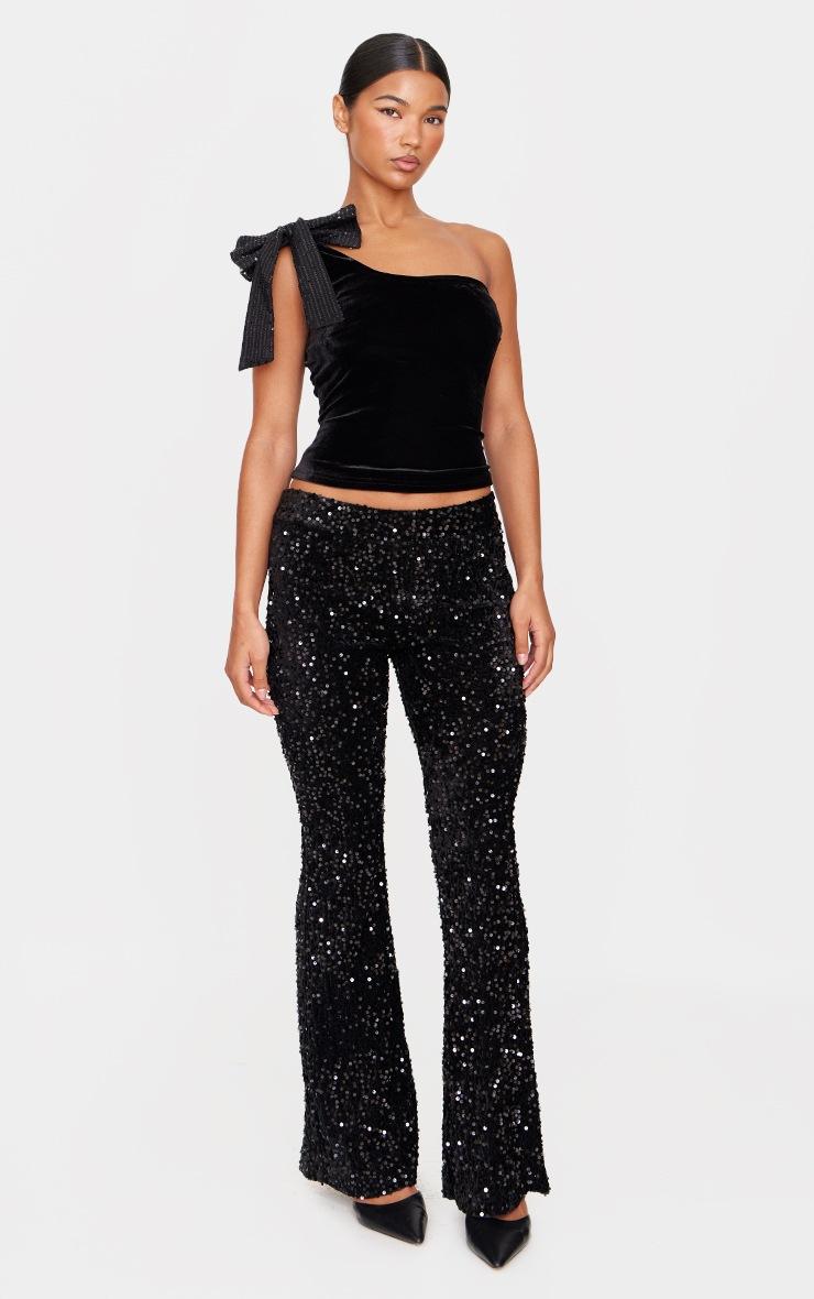 Pretty Little Thing Black Asymmetric Velvet Sequin Bow Detail Long Top